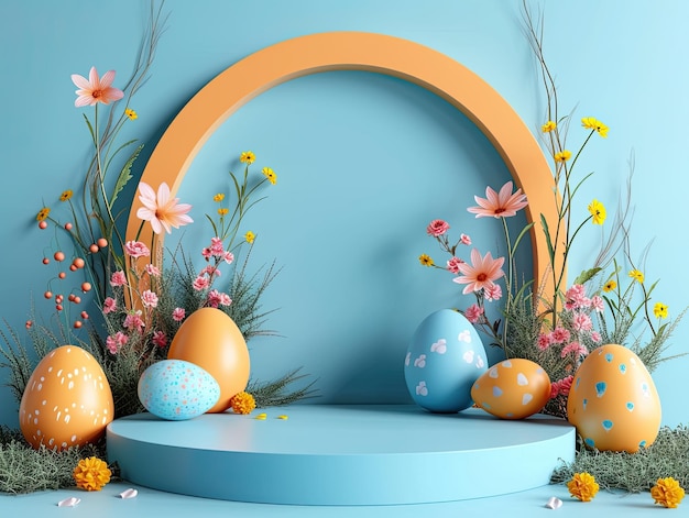 Foto easterinspired 3d podium voor productvertoning en promotie bloemen- en eierenarrangement showcase.