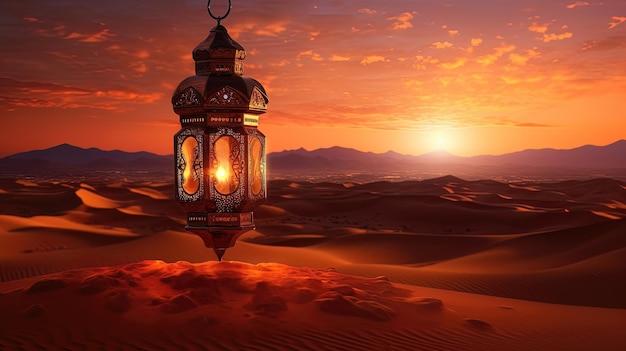Восточно-арабский фонарь на фоне пустыни с красивым закатом Generative AI