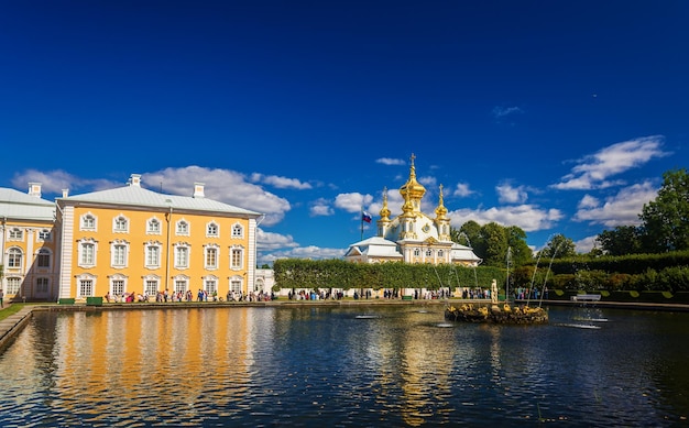 Eastern square pond with fountain in peterhof russia