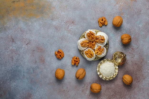 Eastern sweets.Turkish delight,lokum with nuts,top view.