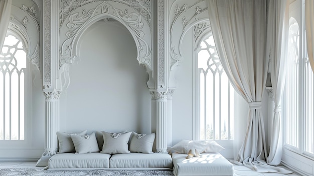 Традиционный восточный интерьер в марокканском стиле, комната с аркой и окном с красивым генеративным Ай