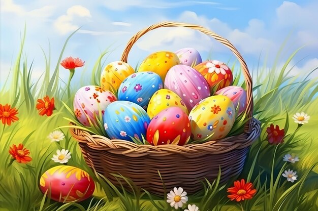 Easters bounty basket of painted eggs in natures cradle