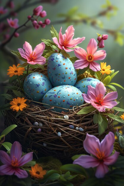 Easters charm a serene sunrise playful bunny or intricate still life Adorned with pastels blossoms and eggs it captures the essence of family tradition and springs beauty generative AI