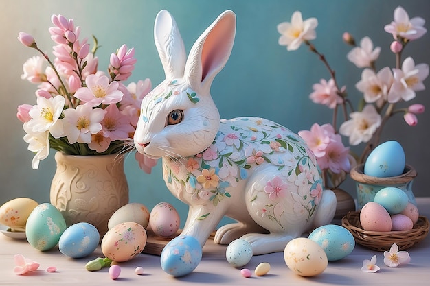 Photo easters charm serene sunrises playful bunnies and pastel blossoms capturing family tradition generative ai art