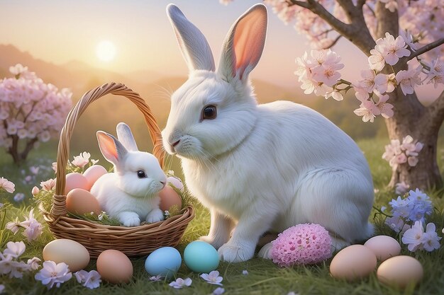 イースターの魅力 やかな日の出 遊び心のあるウサギとパステル色の花 家族の伝統を捉える 創造的なAIアート