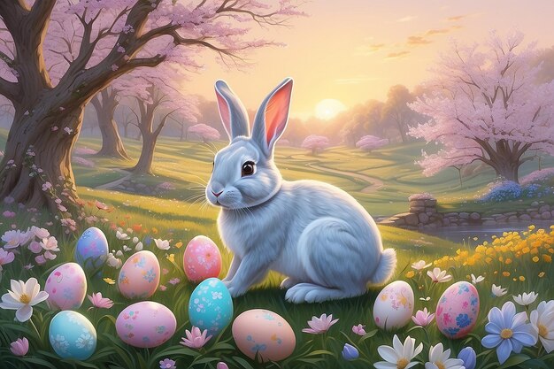 Easters Charm Serene Sunrises Playful Bunnies and Pastel Blossoms Capturing Family Tradition Generative AI Art