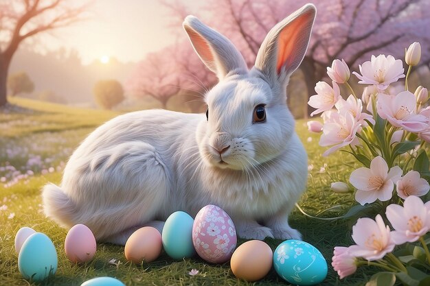 Easters Charm Serene Sunrises Playful Bunnies and Pastel Blossoms Capturing Family Tradition Generative AI Art