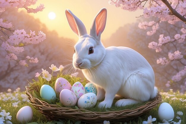 イースターの魅力 やかな日の出 遊び心のあるウサギとパステル色の花 家族の伝統を捉える 創造的なAIアート