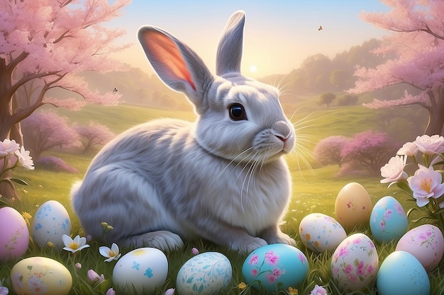 Easters Charm Serene Sunrises Playful Bunnies and Pastel Blossoms Capturing Family Tradition Generative AI Art