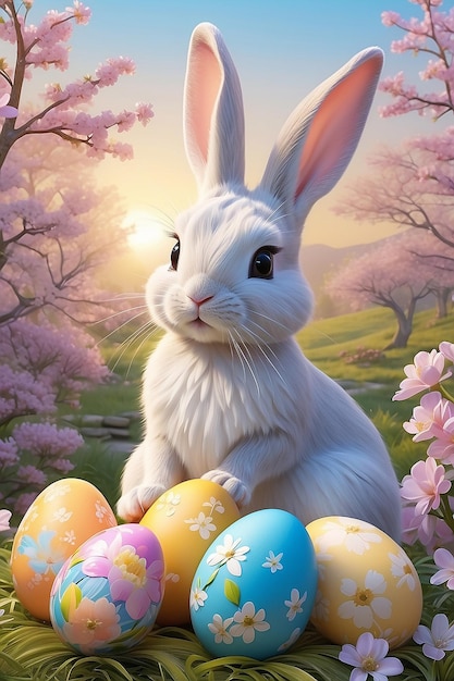 Easters Charm Serene Sunrises Playful Bunnies and Pastel Blossoms Capturing Family Tradition Generative AI Art
