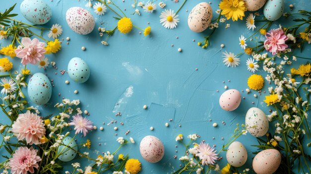 Easterthemed Arrangement Easter eggs flowers and blank paper on a pastel blue background