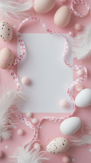 Розовый шаблон на тему Пасхи с яйцами, перьями, лентой и пространством для копирования