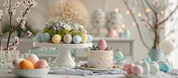 Декорация стола на тему Пасхи с нарисованными яйцами, ивойкой и тортом
