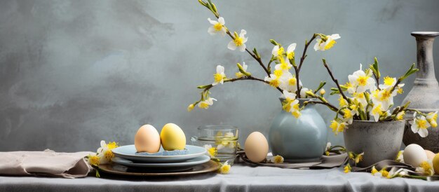 Photo easterthemed table setting with eggs nest and daffodil flowers on concrete backdrop