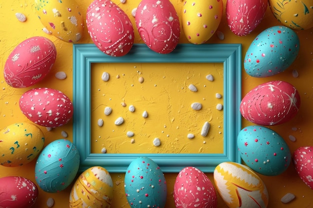 Easterthemed yellow backdrop featuring decorative eggs within a frame