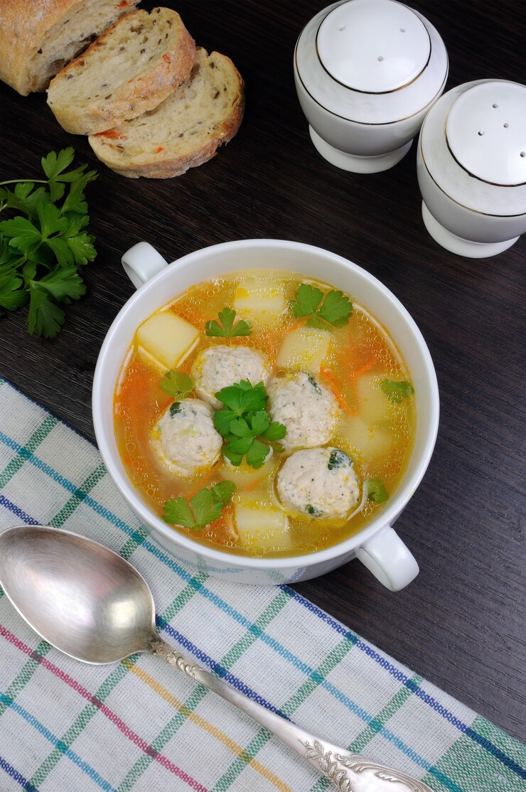 Легкий куриный суп с фрикадельками и картофелем
