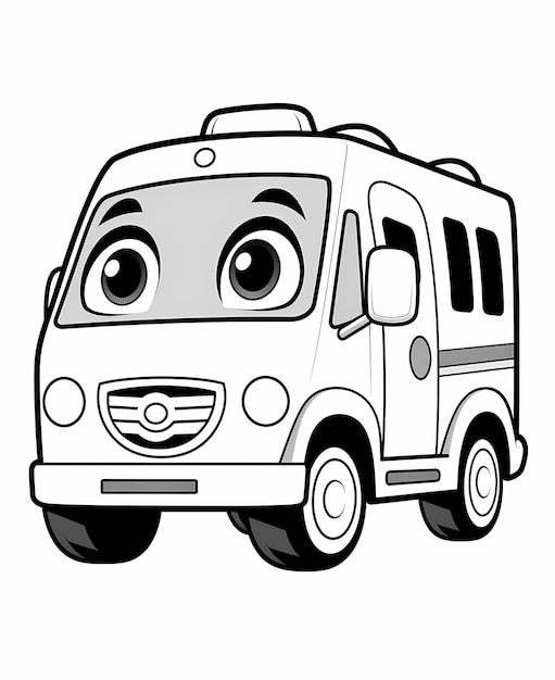 簡単なぬりえ、幼児向けの楽しい簡略化されたビッグアイ救急車のぬりえページ