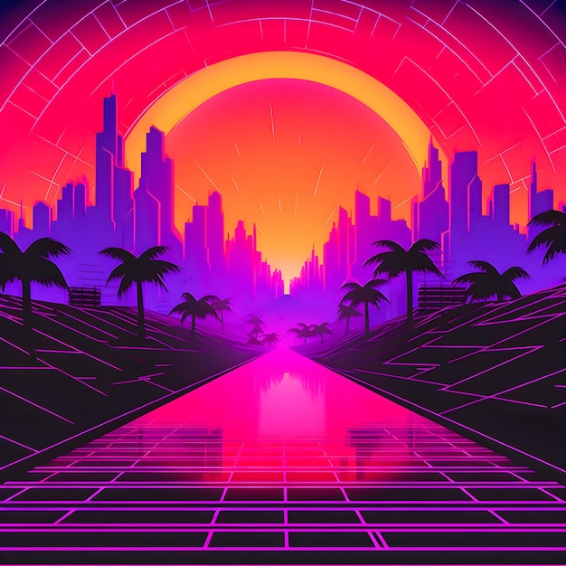 Easy over cyberpunk sunset synthwaveinspired art with neon glow