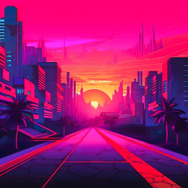 Easy over cyberpunk sunset synthwaveinspired art with neon glow