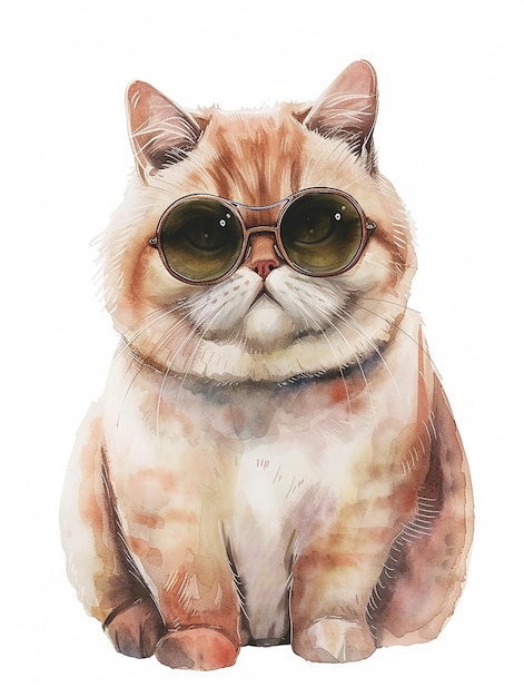 a easy drawing style watercolor of cute fat cat clear outline simplistic minimalist wearing sunglasses