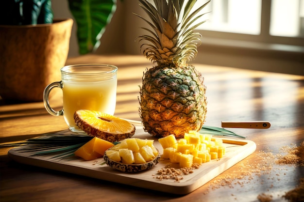 Foto facile colazione sana con fette di ananas e frutta in cucina