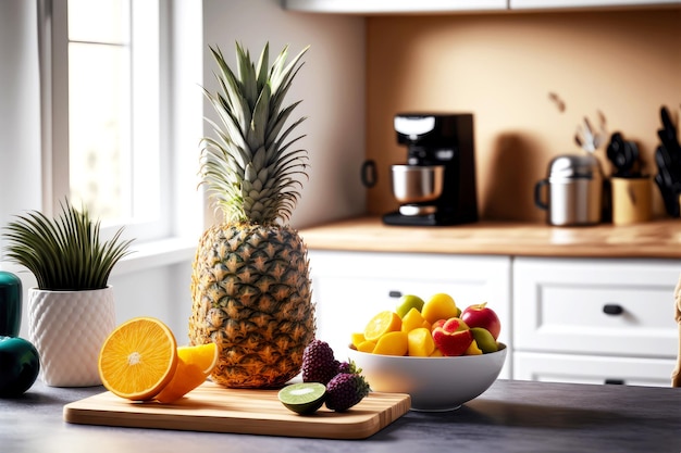 Photo easy healthy breakfast with pineapple slices and fruit in kitchen