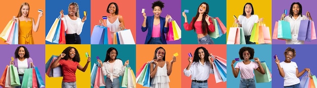 Easy payments joyful multiethnic women holding credit cards and shopping bags