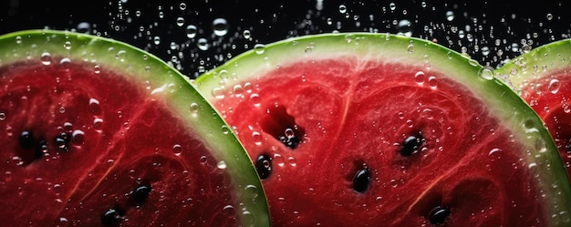 Easy slide fresh of watermelon on dark background with water drops summer panorama Generative Ai