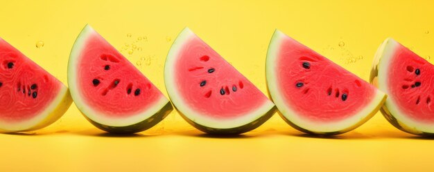 Photo easy slide fresh of watermelon on yellow background with water drops summer panorama generative