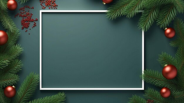 EasytoFind Festive Christmas Background with Fir Branches Red Balls and a White Frame Generative AI