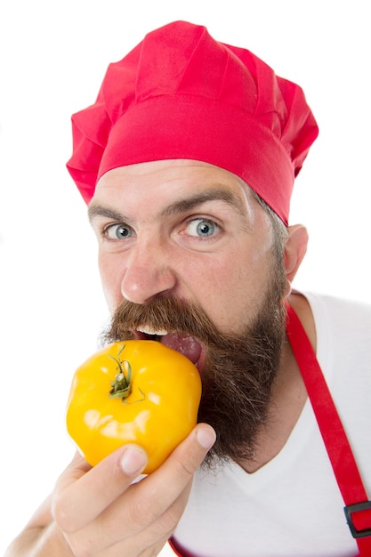 Eat fresh tomato. Tomato sauce recipe. Healthy cooking concept. Man with beard on white background. Chef holds tomatoes. Cook in uniform holds vegetables. Ripe tomato for delicious meal. Hungry man.