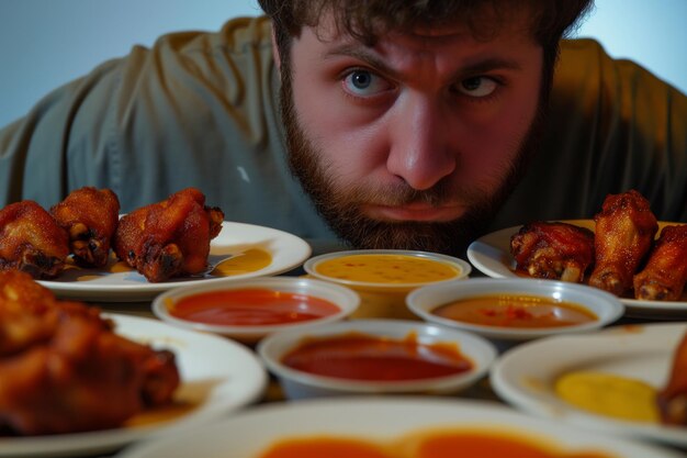 写真 翼とソースを並べたゲームフェイスプレートを食べる