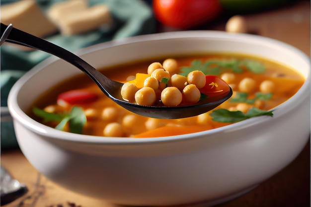 Eating tasty chickpea soup on table closeup