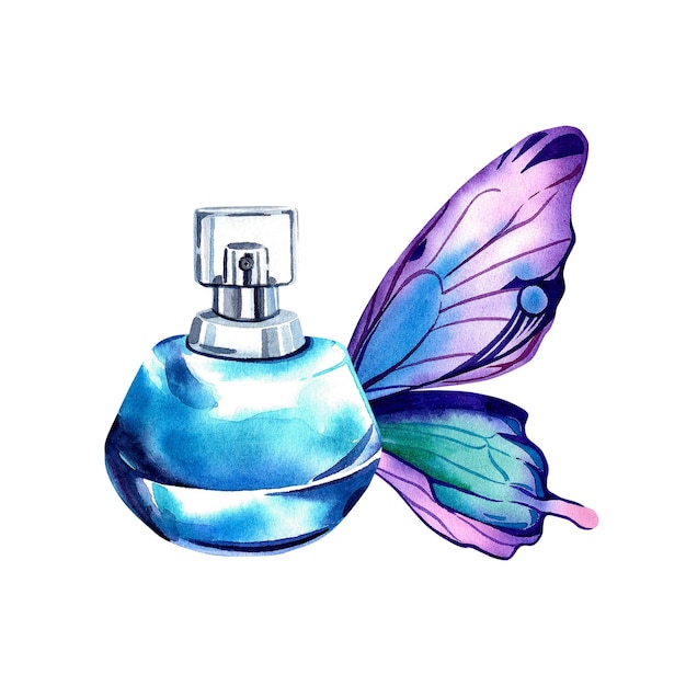 The eau de toilette is blue with a Morpho butterfly wing Women's perfume Watercolor illustration on an isolated background Beauty and fashion The fragrant smell of flowers Stylish incense