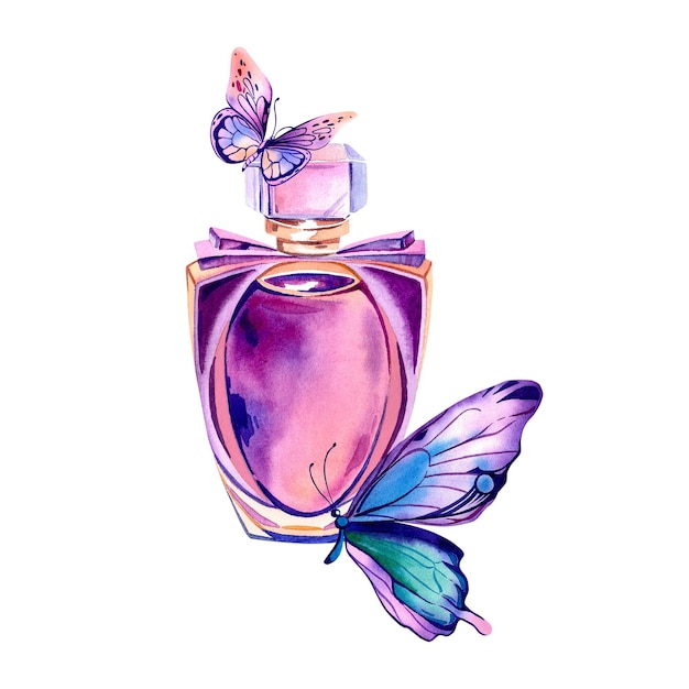 Eau de toilette pink with Morpho butterflies Women's perfume Watercolor illustration on an isolated background Beauty and fashion The fragrant smell of flowers Stylish incense
