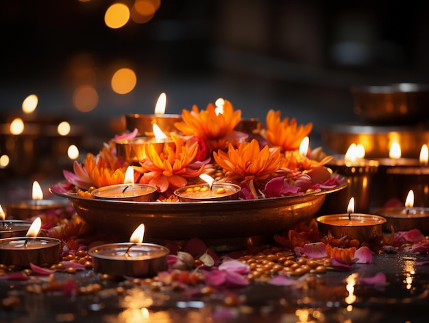 eautiful diwali diya compositie met kaarsen en bloemen op donkere achtergrond close-up