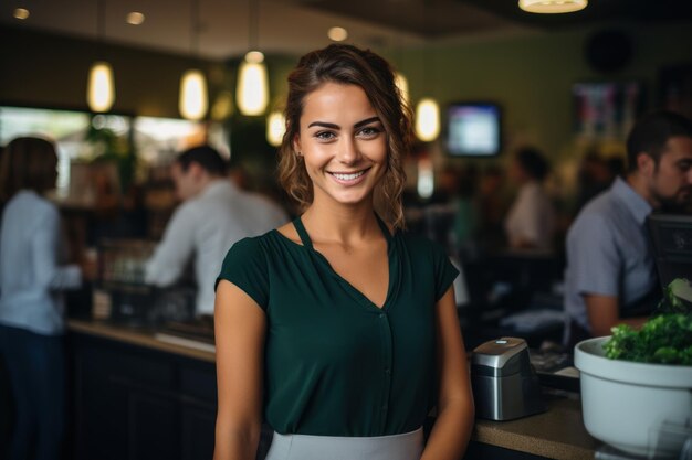 Прекрасная женщина-кассир, стоящая за прилавком и работающая с кассовым аппаратом в кафе.