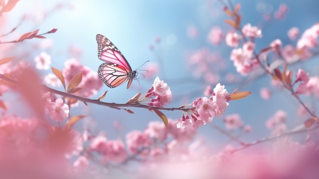 eautiful pink butterfly and cherry blossom branch