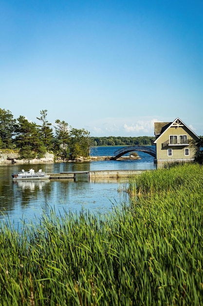 eautiful scenery of Thousand Islands National Park, house on the river, Ontario, Canada
