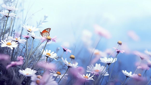 Eautiful wild flowers chamomile purple wild peas butterfly in morning haze in nature close