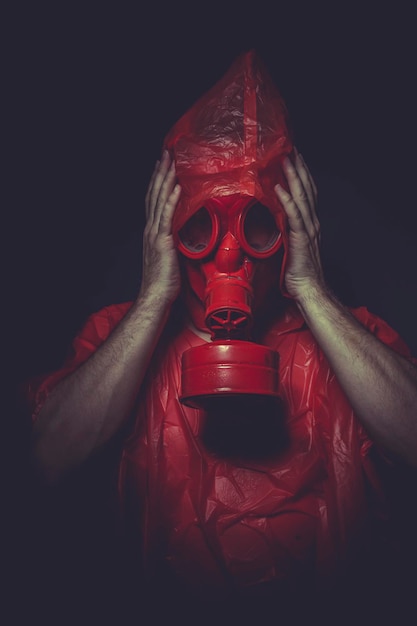Photo ebola infection concept, man with red gas mask