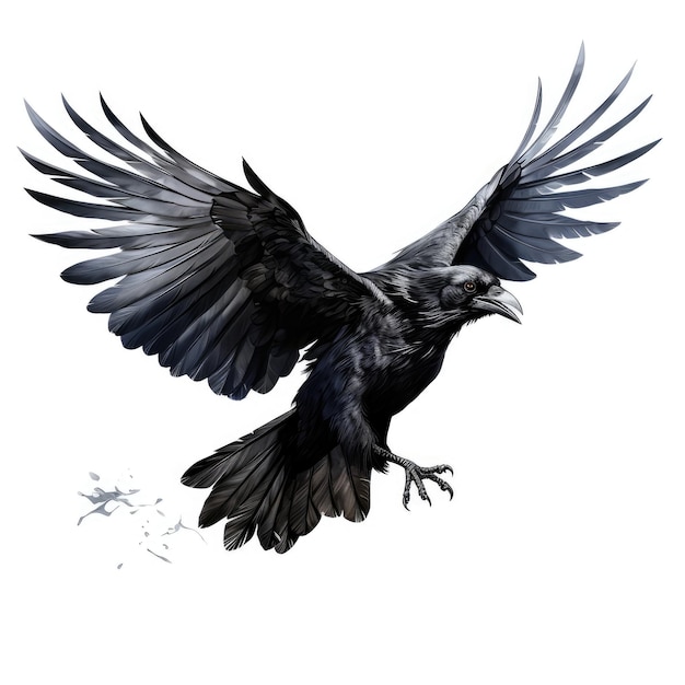 The Ebon Wing A Demon Crow Takes Flight on a Plain White Canvas