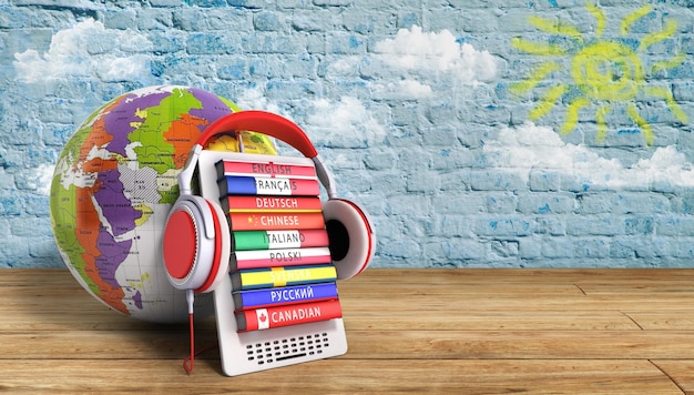 eboock whith globe audio learning languages 3d illustration image Success knowlege concept