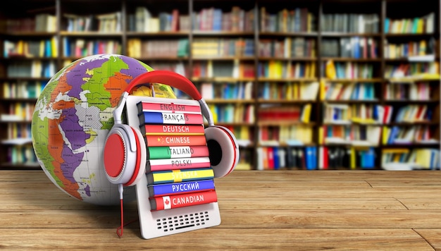 eboock whith globe audio learning languages 3d render image Success knowlege concept