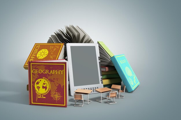 Ebook reader Books and tablet on grey gradient 3d illustration Success knowlage concept