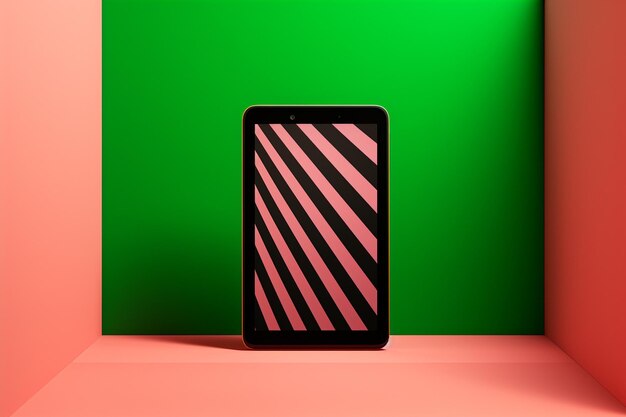 Ebook reader on the striped green background with pink