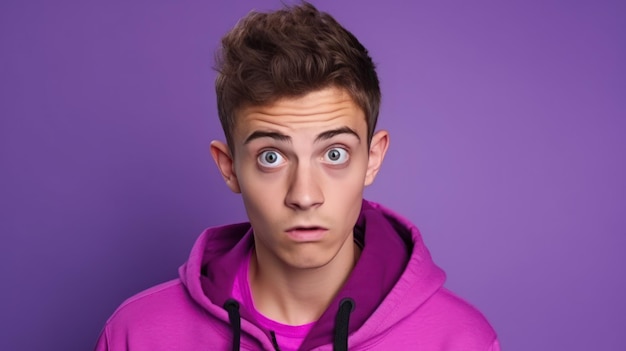 An eccentric adolescent male isolated on a purple background displaying a unique persona showcasing moments of individuality