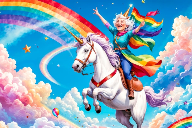 Eccentric elderly woman riding unicorn across rainbow sky grandmas birthday