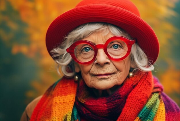 Фото Эксцентричная бабушка излучает радость в красочном ансамбле в модной шерстяной шляпе