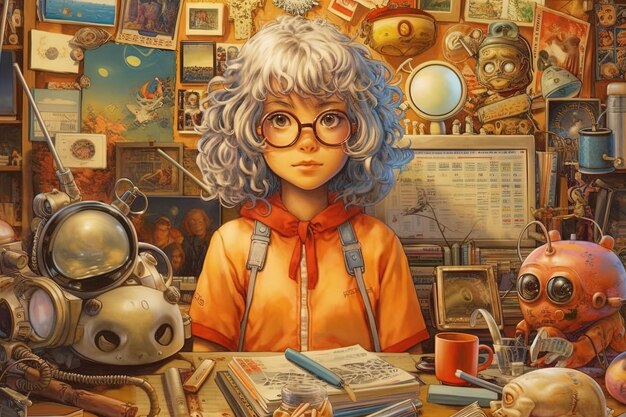 Eccentric manga girl with a vibrant personality and a collection of bizarre hobbies gadgets and imaginary creatures Anime illustration generative ai